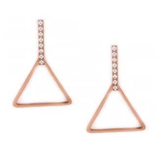 Earrings made of rose gold stainless steel with a line from cubic zirconia which ends up in one triangle. Earrings made of rose gold stainless steel with a line from cubic zirconia which ends up in one triangle.