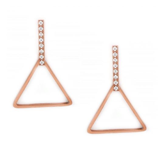 Earrings made of rose gold stainless steel with a line from cubic zirconia which ends up in one triangle.