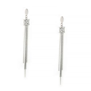 Earrings made of stainless steel with thin chains and a square element with cubic zirconia.