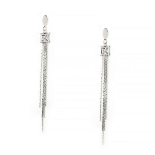 Earrings made of stainless steel with thin chains and a square element with cubic zirconia.