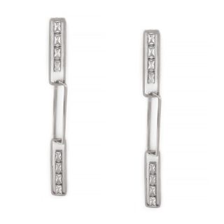 Earrings made of stainless steel with three rectangle pieces filled with cubic zirconia. Earrings made of stainless steel with three rectangle pieces filled with cubic zirconia.