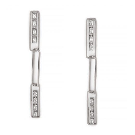 Earrings made of stainless steel with three rectangle pieces filled with cubic zirconia.
