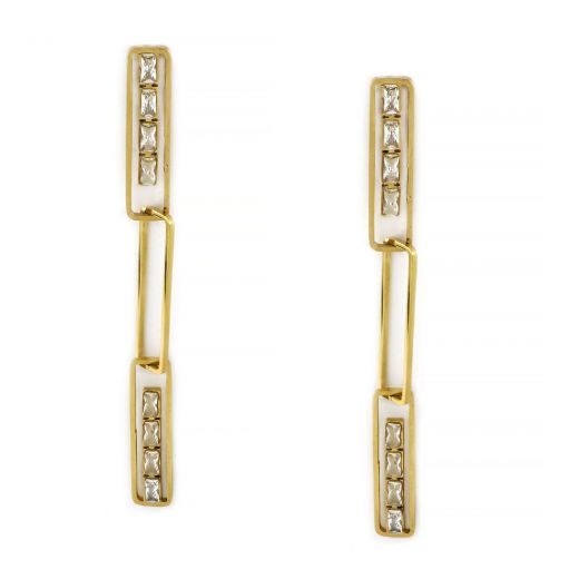 Earrings made of gold plated stainless steel with three rectangle pieces filled with cubic zirconia.