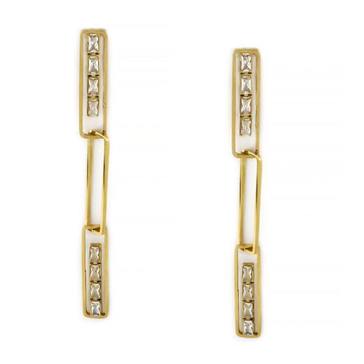 Earrings made of gold plated stainless steel with three rectangle pieces filled with cubic zirconia.