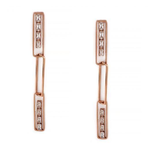 Earrings made of rose gold stainless steel with three rectangle pieces filled with cubic zirconia.