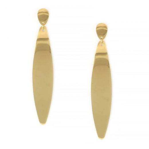 Earrings made of gold plated stainless steel with shiny long surface.