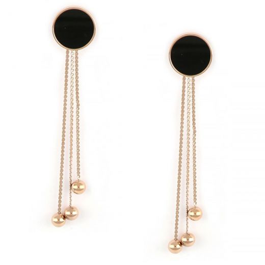 Earrings made of rose gold stainless steel with three chains and black round element.