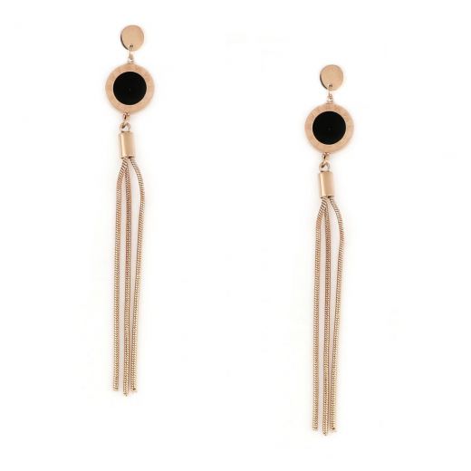 Earrings made of rose gold stainless steel with three long chains and a black element.
