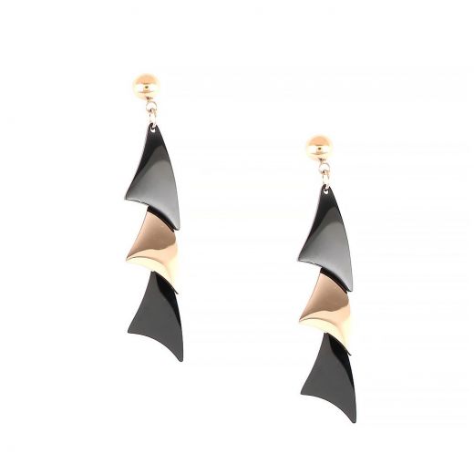 Earrings made of stainless steel rose gold-black with three elements.