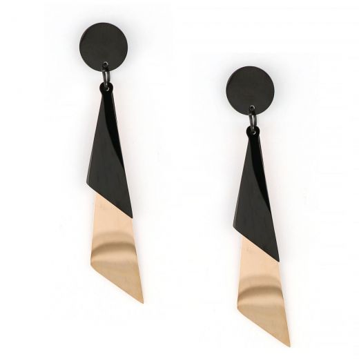 Earrings made of stainless steel rose gold-black with triangles.