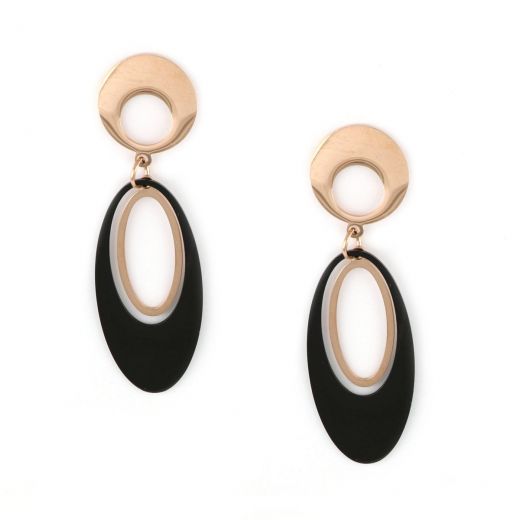 Earrings made of stainless steel rose gold-black with oval elements.