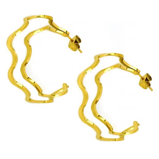 Earrings made of gold plated stainless steel double hoops wavy shape