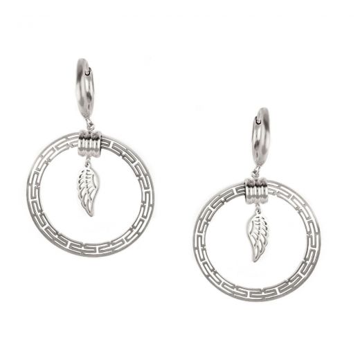 Hoop earrings made of stainless steel with leaf design and greca