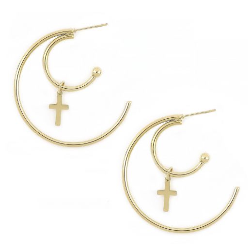 Stainless steel gold plated double hoops with cross
