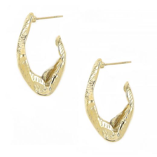 Stainless steel gold plated earrings with curvy design and embossed lines