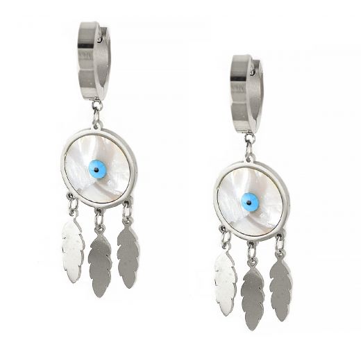 Stainless steel earrings with round mother of pearl, evil eye and little leaves