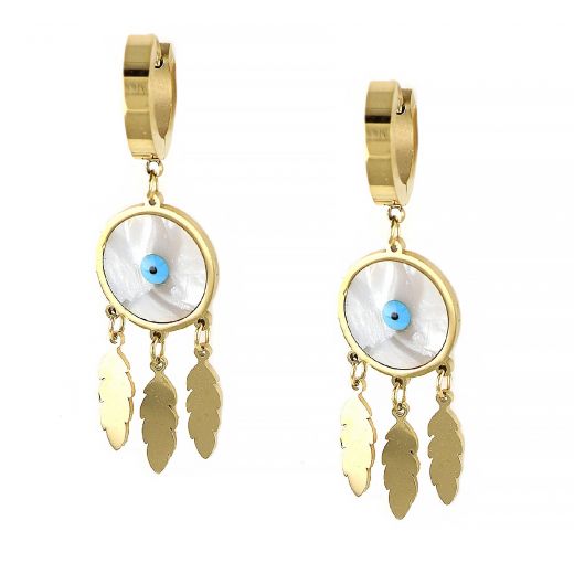 Stainless steel gold plated earrings with round mother of pearl, evil eye and little leaves