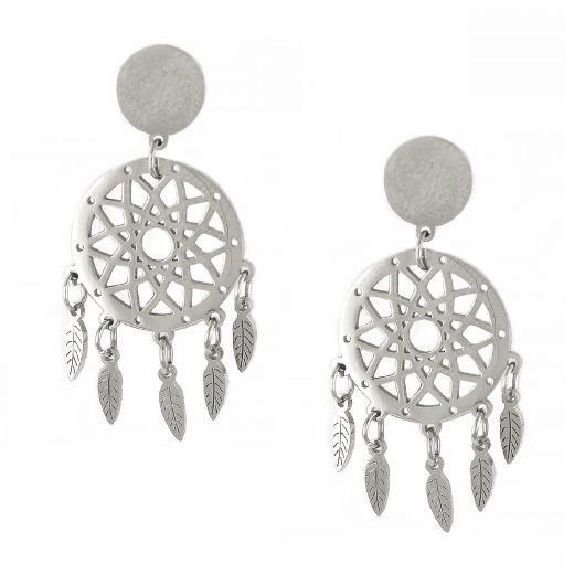 Stainless steel round earrings with dreamcatcher and leaves
