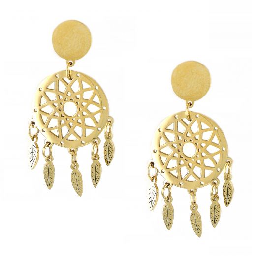 Stainless steel gold plated round earrings with dreamcatcher and leaves