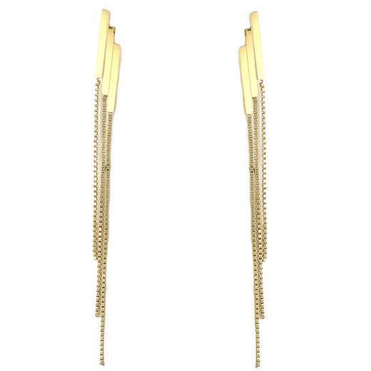 Stainless steel gold plated earrings with three chains and parallel elements