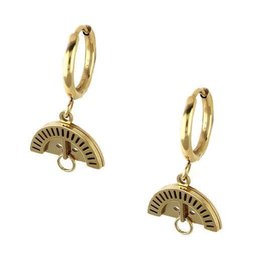 Stainless steel gold plated earrings with ethnic design and a hanging hoop