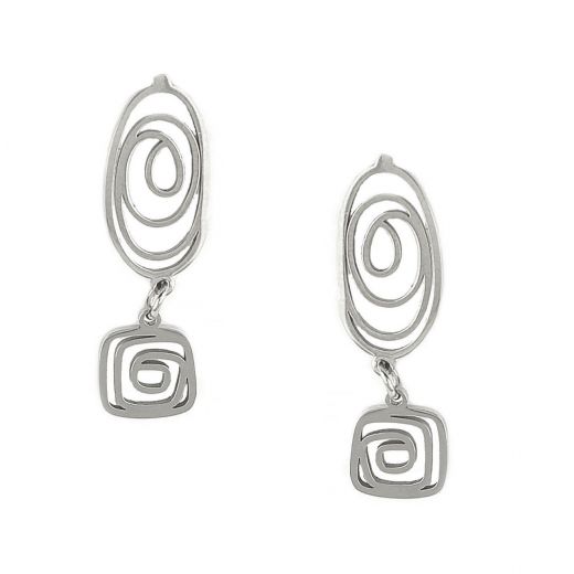 Stainless steel oval earrings with spiral design and meander