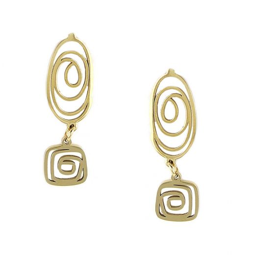Stainless steel gold plated oval earrings with spiral design and meander