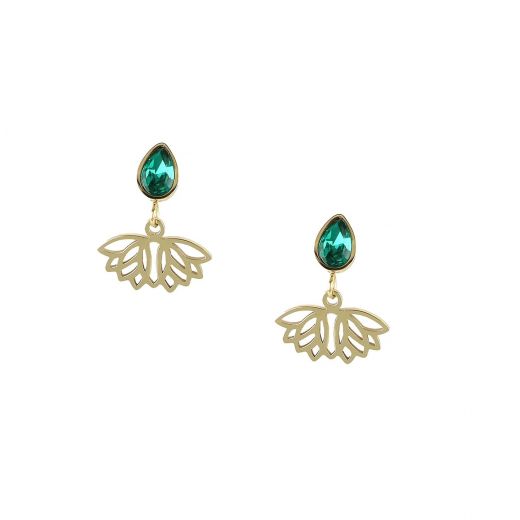 Stainless steel gold plated earrings with green crystal and lotus flower