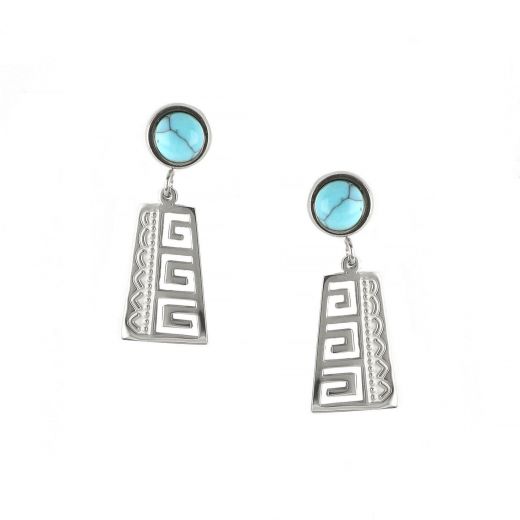 Stainless steel earrings with turquoise chaolite and meander design