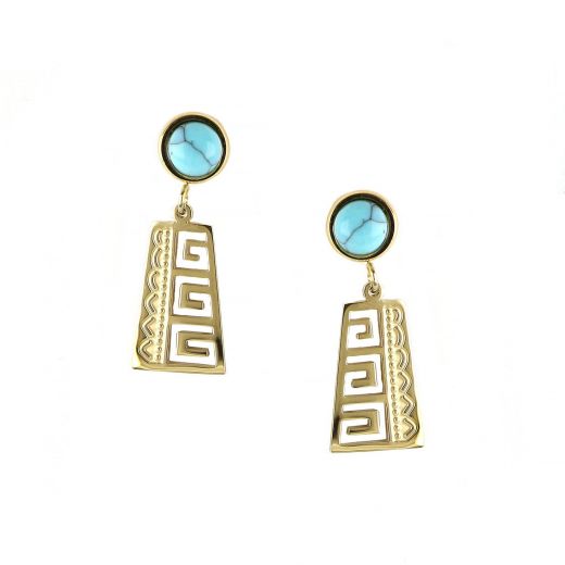 Stainless steel gold plated earrings with turquoise chaolite and meander design
