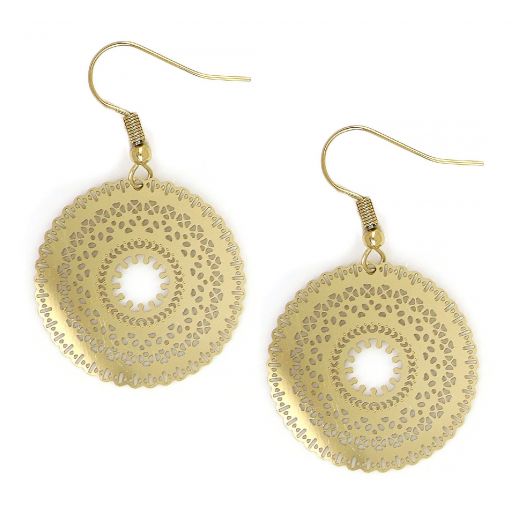 Stainless steel perforated gold plated disc earrings