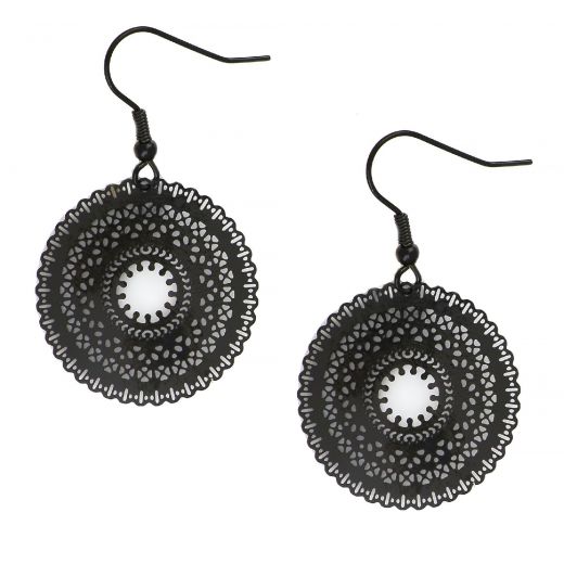 Stainless steel perforated black disc earrings