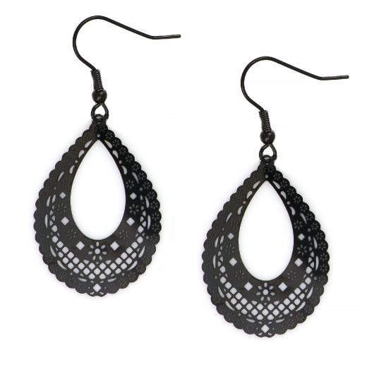 Stainless steel black perforated earrings with lace boho style