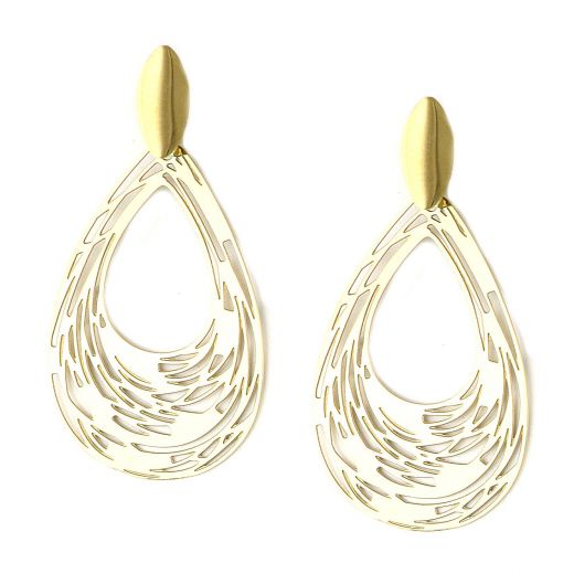 Stainless steel gold plated perforated earrings with tear design