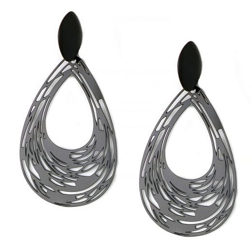 Stainless steel black perforated earrings with tear design