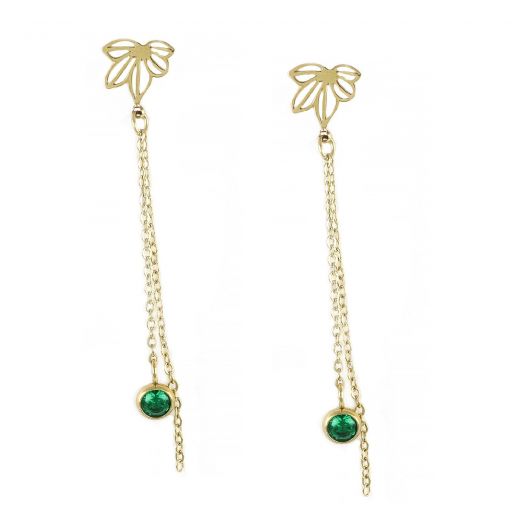 Earrings made of stainless steel gold plated with leaves, chains and green crystal