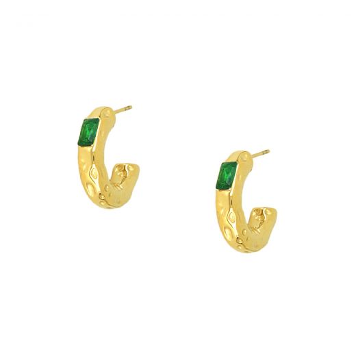 Carved stainless steel earrings gold plated with green zirconia