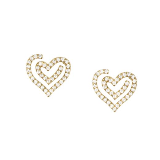 Gold-plated stainless steel earrings in the shape of a heart and white zircons