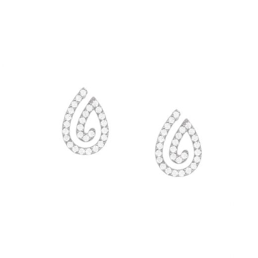 Stainless Steel Teardrop Earrings with White Zircons