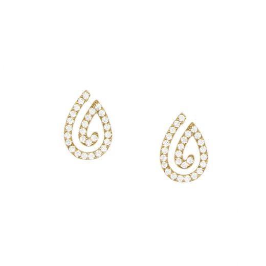 Gold Plated Stainless Steel Teardrop Earrings with White Zircons