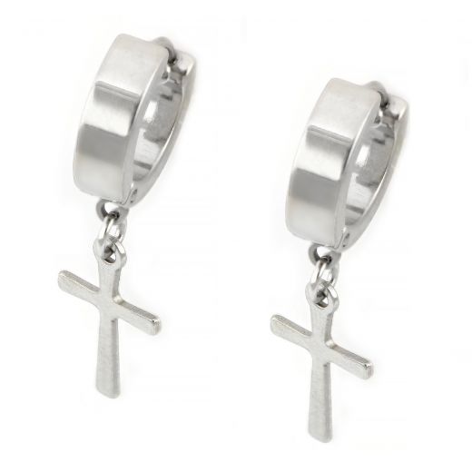 Hoop earrings made of stainless steel in silver color with thin cross.