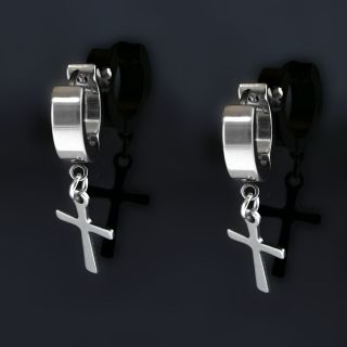 Hoop earrings made of stainless steel in silver color with thin cross. - 