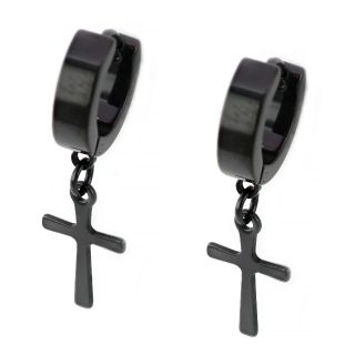 Hoop earrings made of stainless steel in black color with thin cross. Hoop earrings made of stainless steel in black color with thin cross.