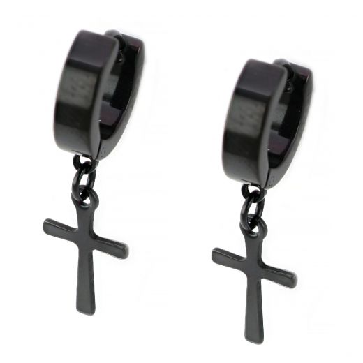 Hoop earrings made of stainless steel in black color with thin cross.