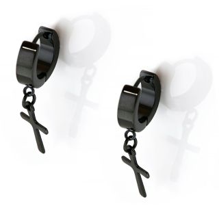 Hoop earrings made of stainless steel in black color with thin cross. - 