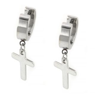 Hoop earrings made of stainless steel in silver color with wide cross. Hoop earrings made of stainless steel in silver color with wide cross.