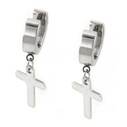 Hoop earrings made of stainless steel in silver color with wide cross.