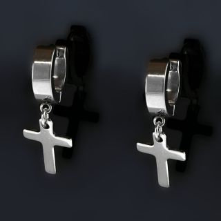 Hoop earrings made of stainless steel in silver color with wide cross. - 