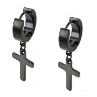 Hoop earrings made of stainless steel in black color with wide cross. Hoop earrings made of stainless steel in black color with wide cross.