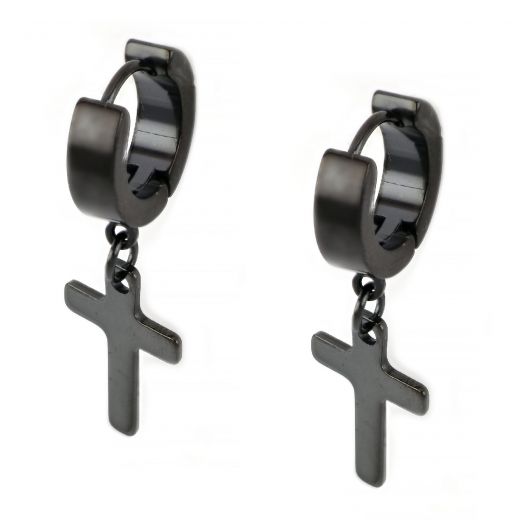 Hoop earrings made of stainless steel in black color with wide cross.